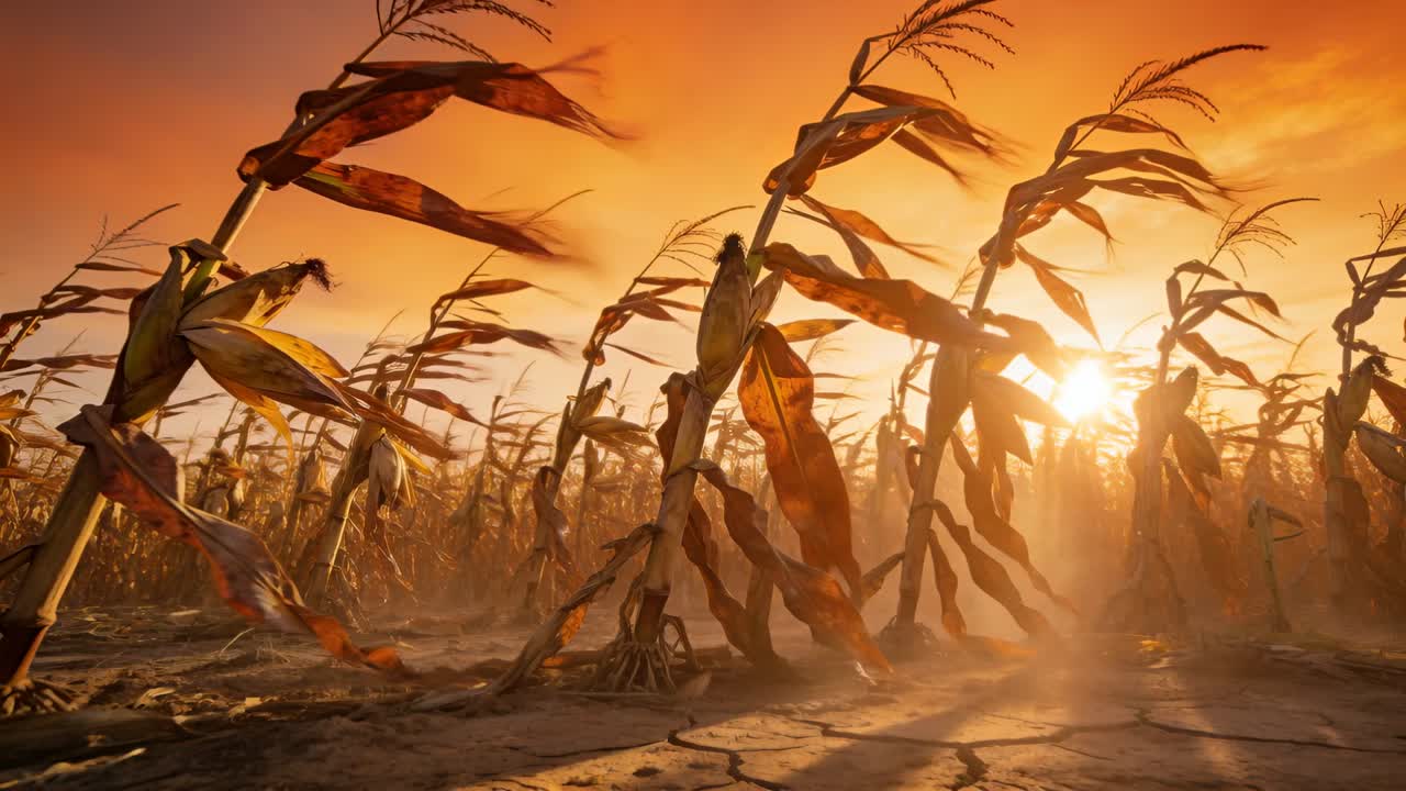 Talos de milho secos balançando e vergando ao vento forte em um milharal seco sob sol baixo, com poeira subindo.