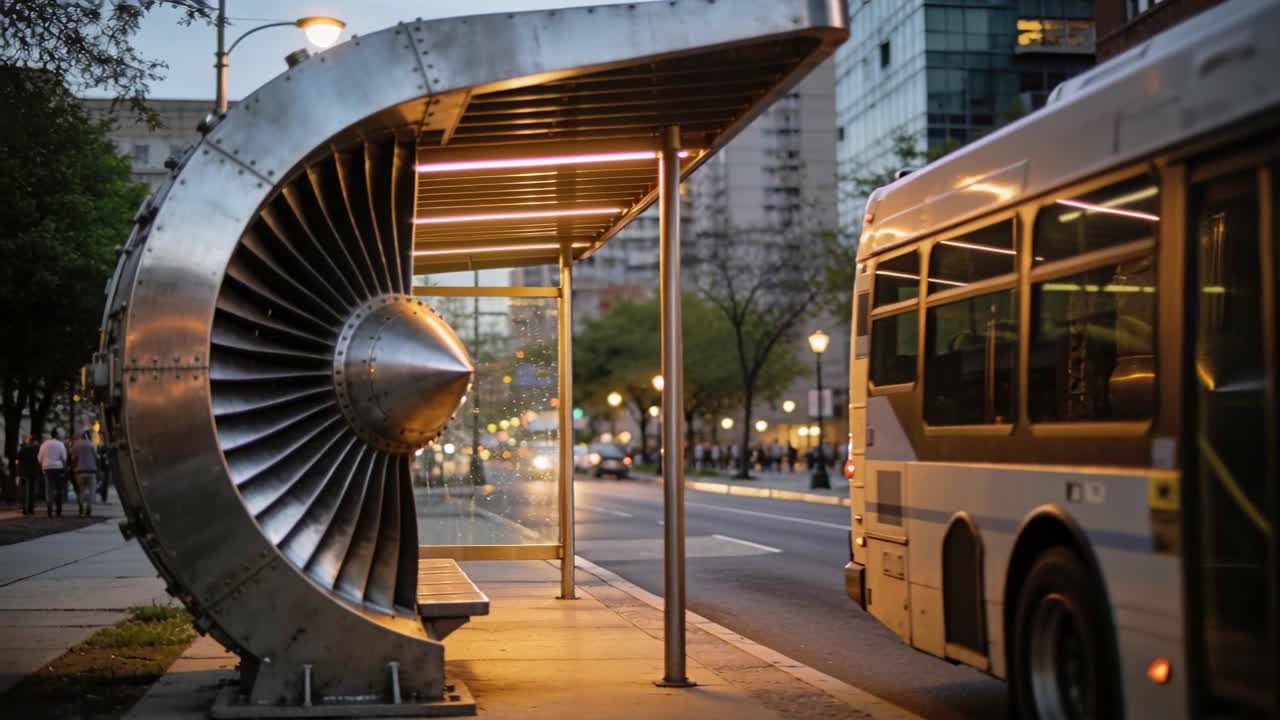 Entrando en un autobús urbano, pasando un refugio de metal con forma de pala de turbina en la acera, luces cálidas del dosel sirviendo la ruta.
