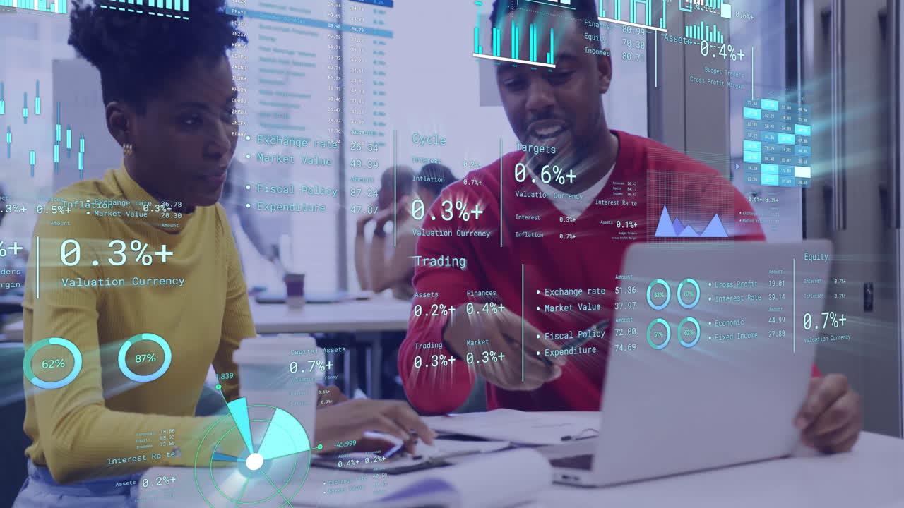 Animation of diagrams and data processing over african american colleagues discussing work in office