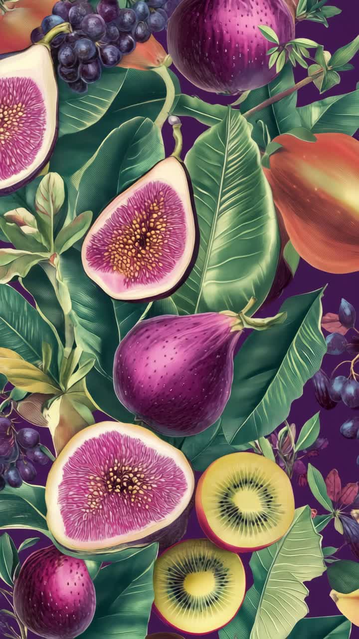 Vibrant top-down view of assorted fruits and leaves, showcasing figs, grapes, and kiwi