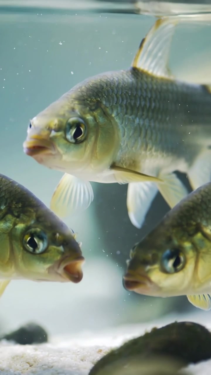 Video verticale: Polvere in sospensione che fa sì che tre pesci dell'acquario aprano la bocca, si girino e alzino la pinna contro il vetro