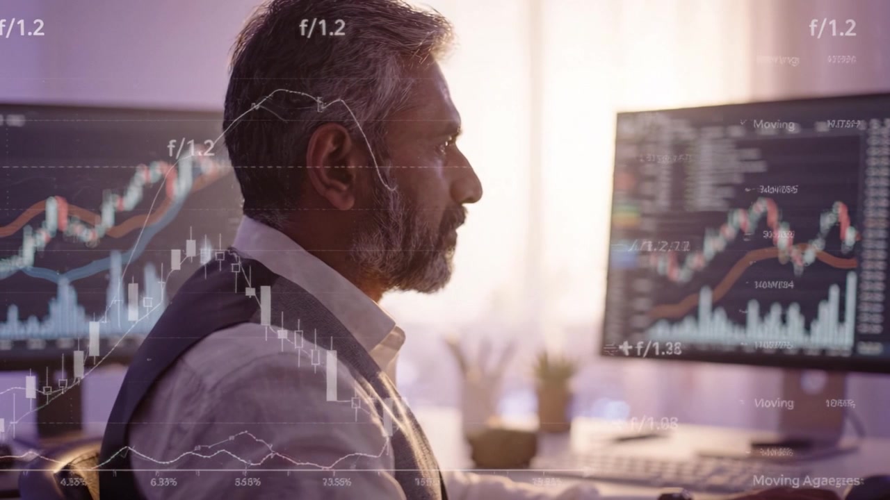 Fokuseret investor analyserer aktiemarkedstendenser på dobbeltskærme med finansiel datavisualisering og diagrammønstre i et moderne arbejdsområde.