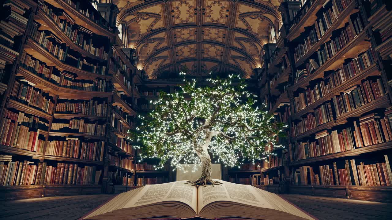 A magical library scene with a glowing tree growing from an open book