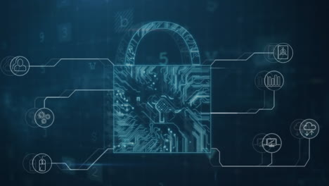 animación del candado de seguridad y procesamiento de datos en fondo oscuro