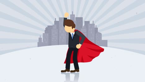 superhero standing on city background. dust dance. business symbol. leadership and achievement concept. comic loop animation.