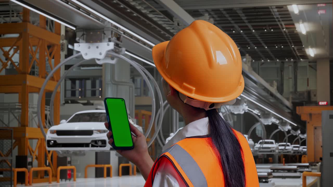 Close Up Back View Of Asian Female Engineer With Safety Helmet Working On A Green Screen Smartphone And Looking Around In EV Car Factory