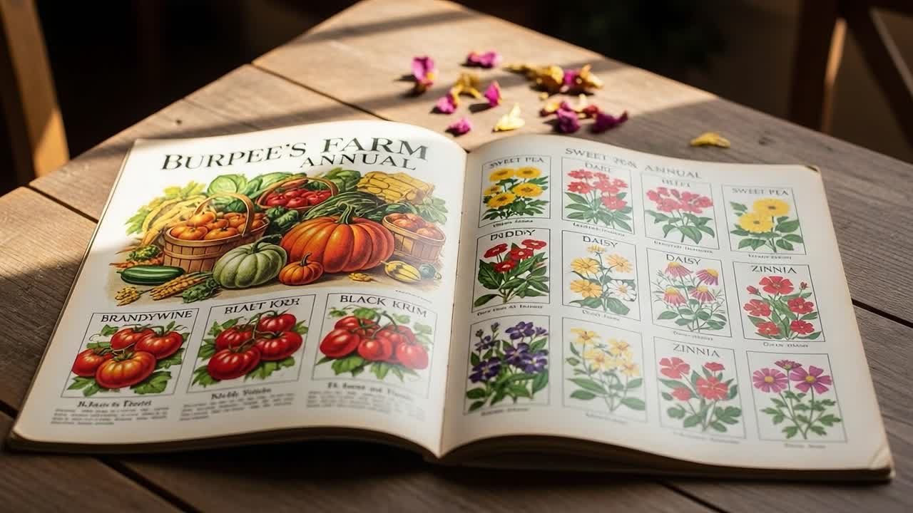 Harvest of Colors: A Visual Journey through Seasonal Vegetables and Floral Varieties in a Vintage Gardening Annual Filled with Vibrant Illustrations and Nature's Beauty