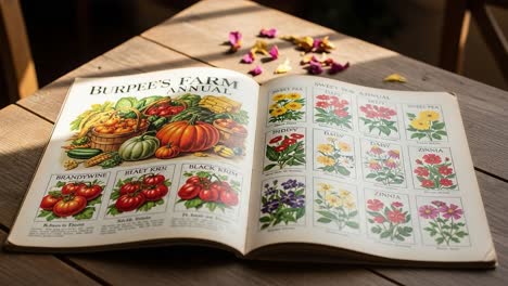 harvest of colors: a visual journey through seasonal vegetables and floral varieties in a vintage gardening annual filled with vibrant illustrations and nature's beauty