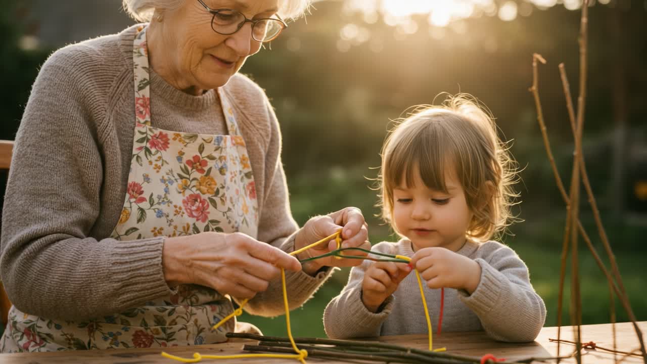 Momenti commoventi di connessione: una nonna e un nipote che si godono insieme una sessione creativa di artigianato nel dolce bagliore del tramonto.