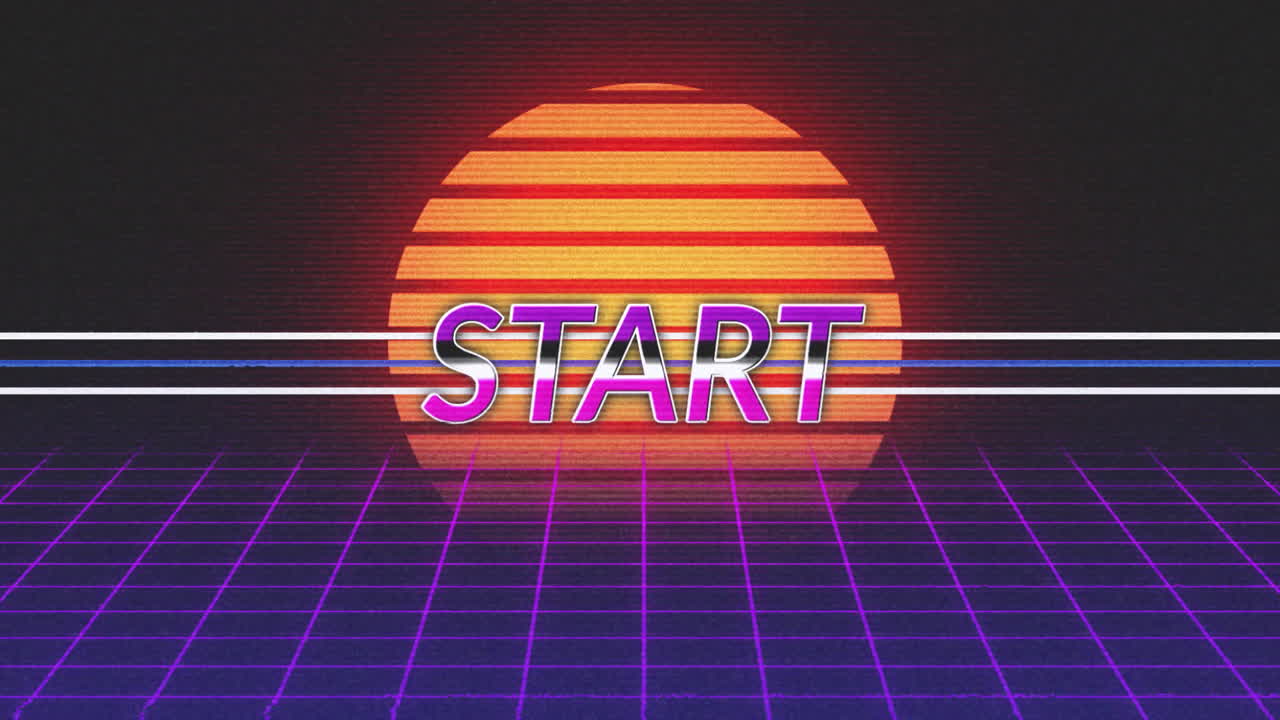 애니메이션 빈티지 비디오 게임 화면에 단어 시작이 쓰여져 있습니다.