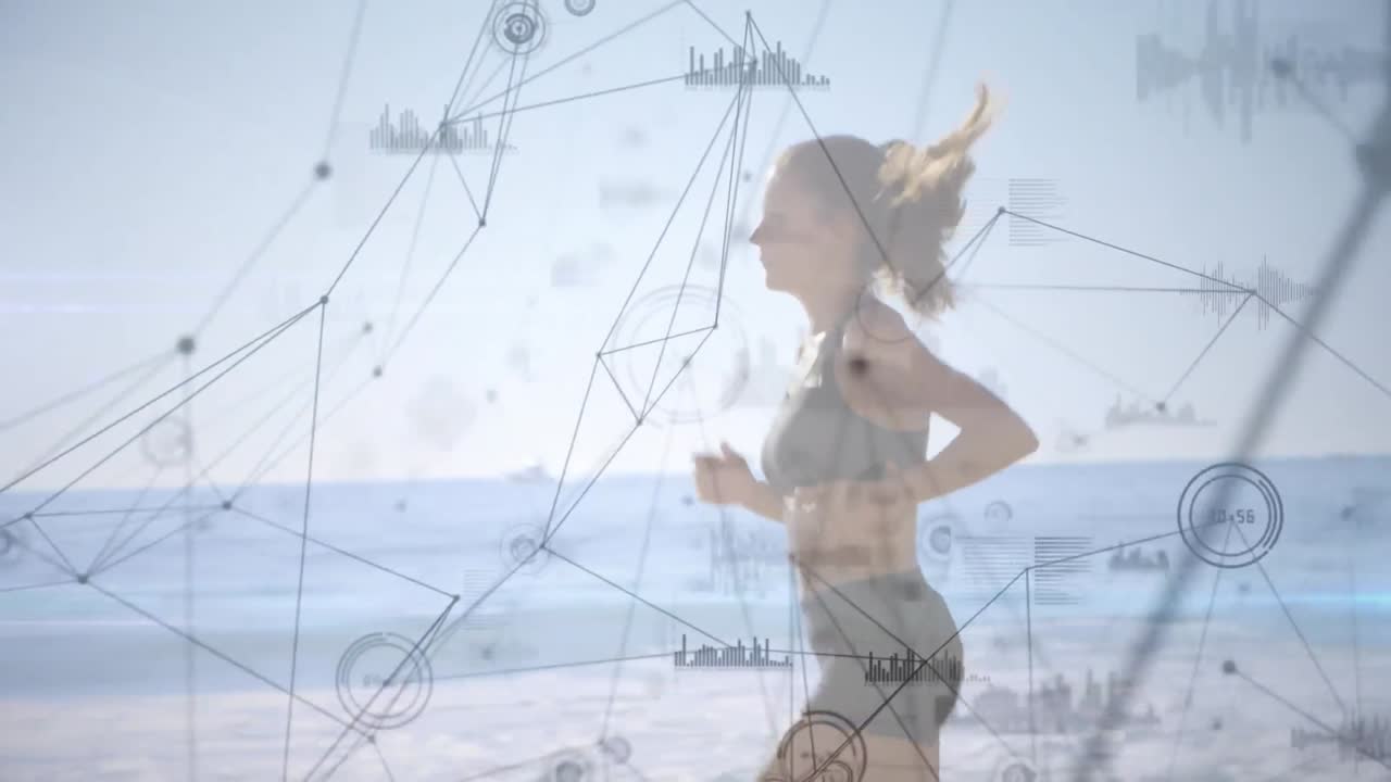 연결 네트워크의 애니메이션과 데이터 처리가 여성이 달리고 있습니다.