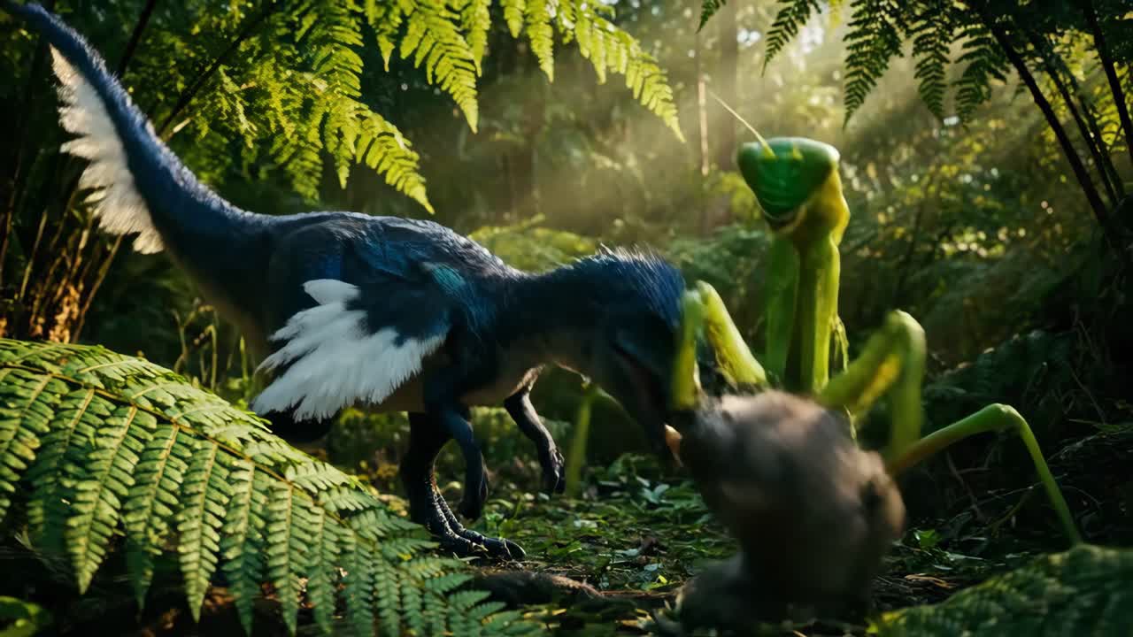 Dinosaur and Praying Mantis in the Forest