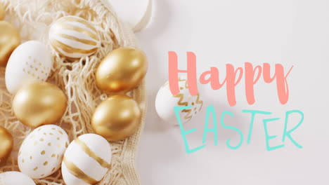 animation of happy easter text over white and gold easter eggs on white background