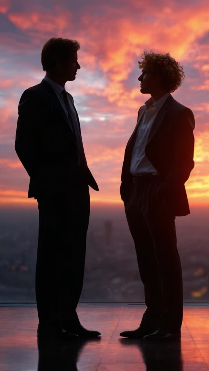 Un momento di riflessione tra due professionisti mentre il tramonto proietta una splendida tonalità sullo skyline della città, catturando l'essenza della connessione e dell'ambizione