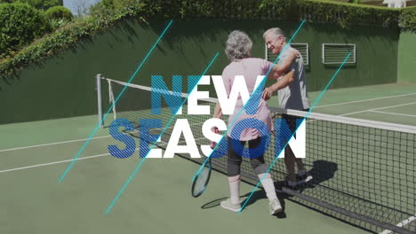 senior couple hugging at net after tennis point on court, displaying new season graphic overlay