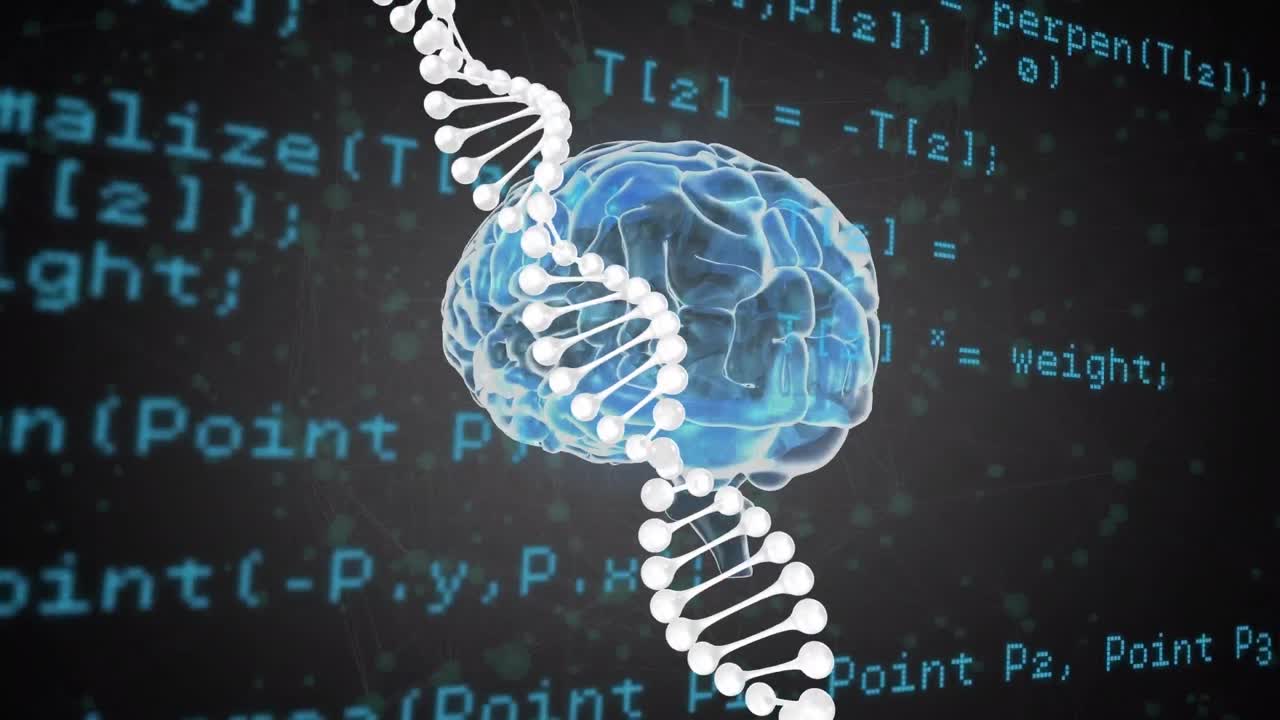 animación de la estructura del adn y el icono del cerebro humano girando contra el procesamiento de datos y puntos verdes