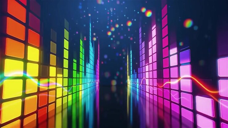 Futuristisk regnbuefarvet neon musik equalizer visualisering baggrund.