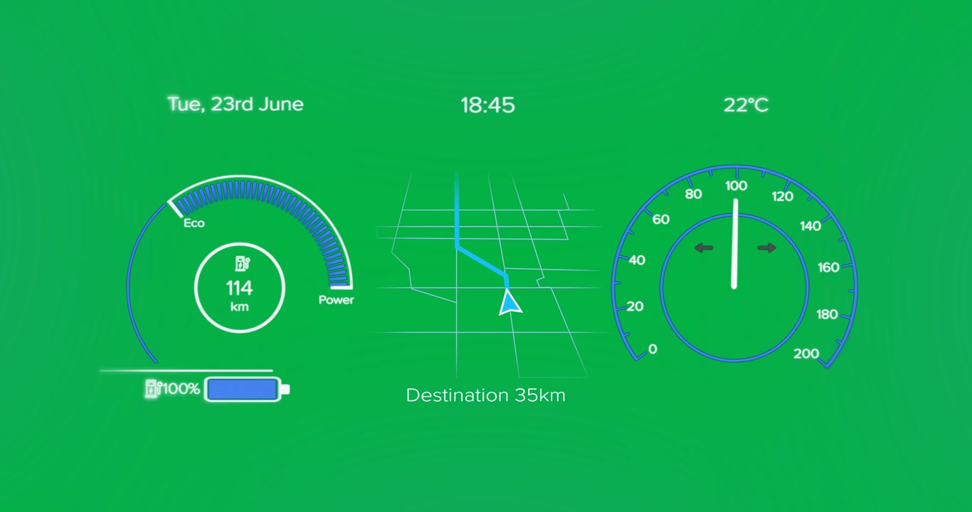 Animation of interface with speedometer and power and energy icons on blue background