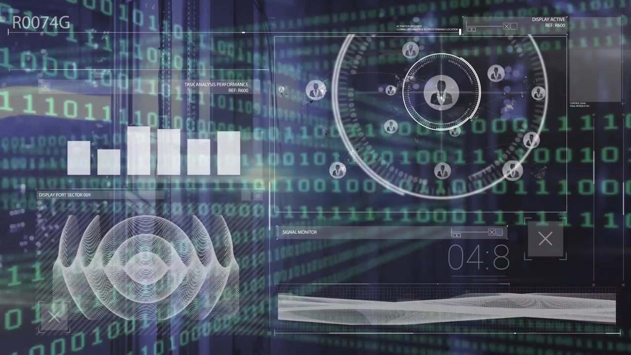 Animation of data processing, graphs and binary code over digital screen
