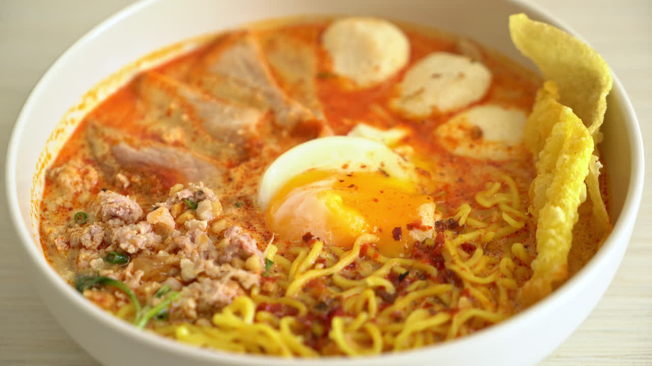 fideos de huevo con carne de cerdo y albóndigas en sopa picante o fideos tom yum al estilo asiático