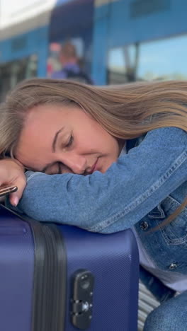 a woman sleeping at a train station. she was tired of waiting for her train. a tourist travels around europe by train. vertical video