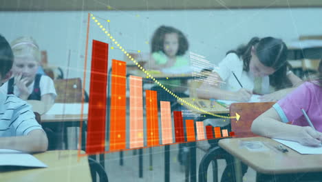 animación del procesamiento de datos y diagrama sobre diversos escolares que aprenden en el aula