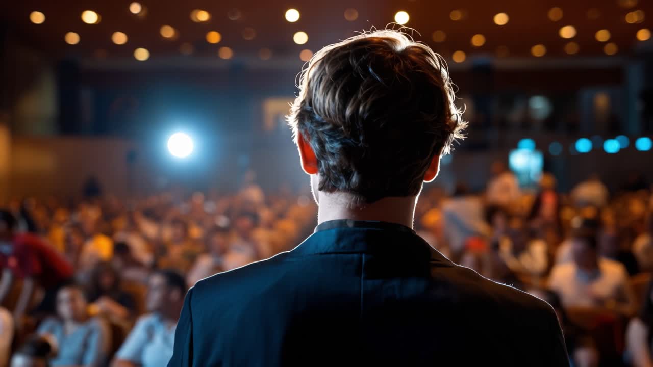 Un oratore che affascina un pubblico attento in una sala conferenze illuminata a giorno: un momento di connessione e ispirazione sul palco.