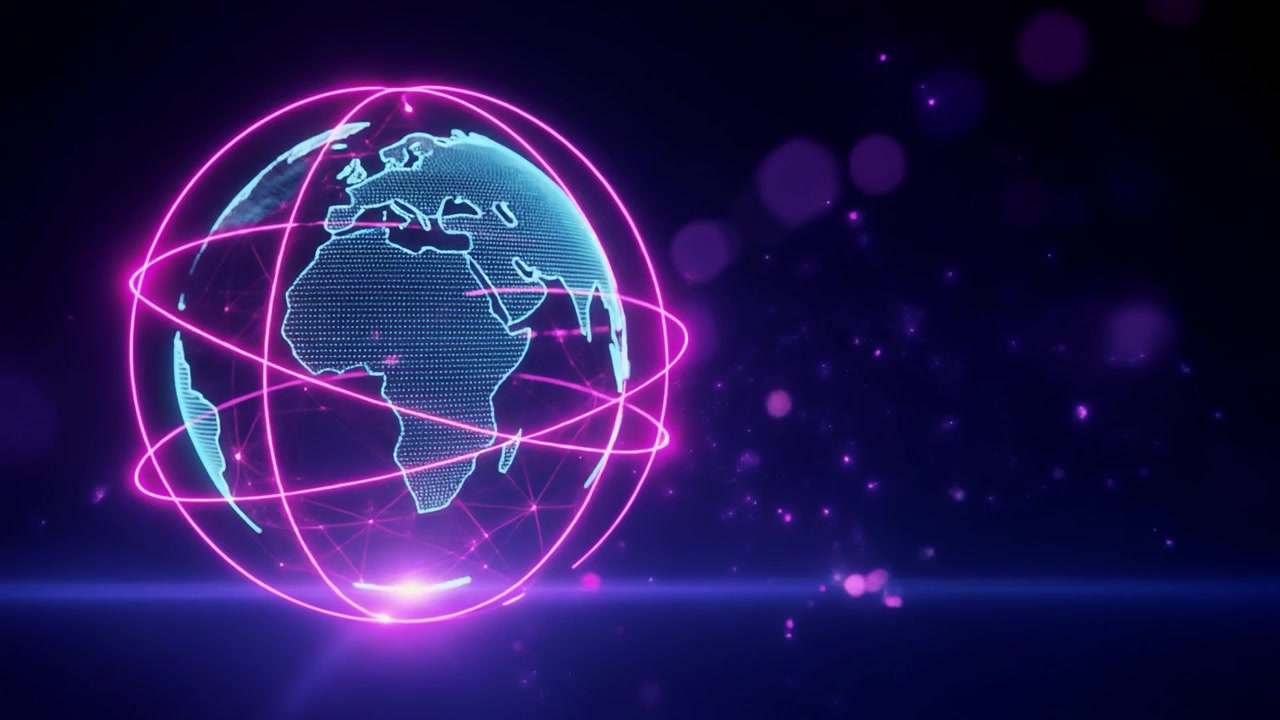 Globo terrestre olografico digitale rotante con anelli orbitali rosa luminosi