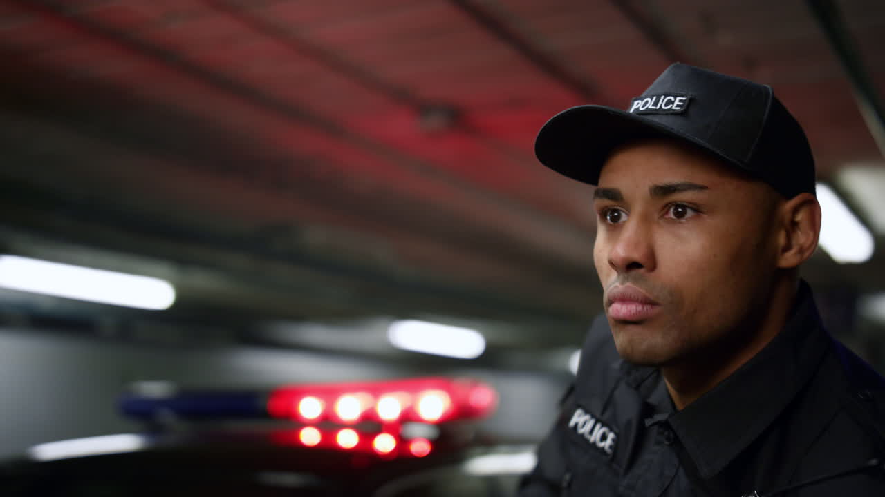 Police officer taking aim with gun
