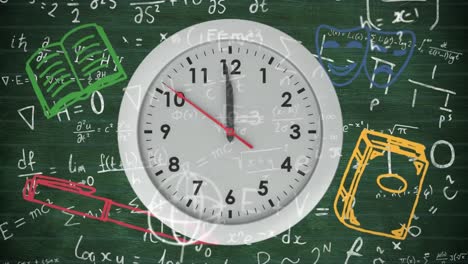 Digital-animation-of-ticking-clock-and-school-concept-icons-against-mathematical-equation-on-black-b