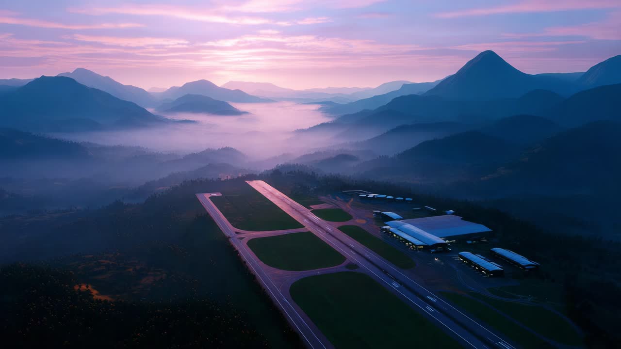 Aerial View of a Serene Mountain Airport at Dusk with Soft Sunset Lighting, Showcasing Planes, Runways, and Gentle Mist Covering the Lush Landscape Beneath Majestic Peaks in the Background
