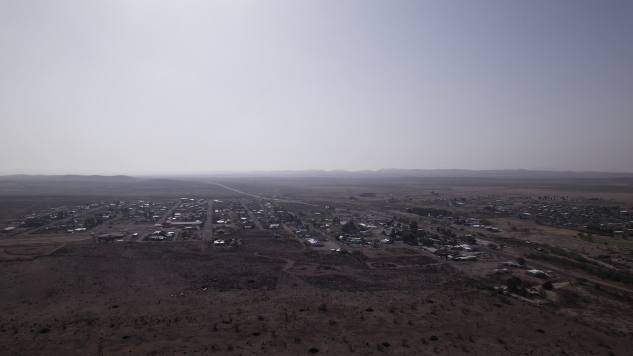 High angle aerial view of Marathon, Texas and the surrounding desert landscape