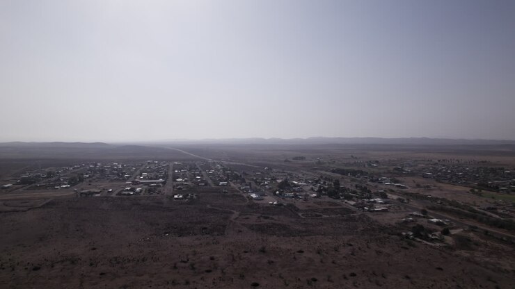 High angle aerial view of Marathon, Texas and the surrounding desert landscape
