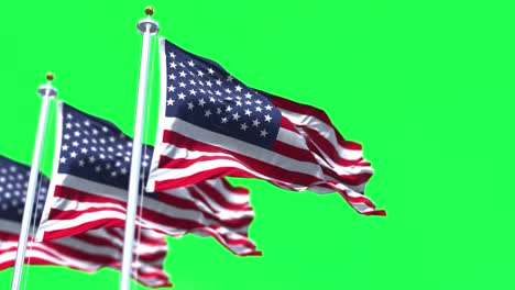 three american flags waving in the wind with green screen in the background