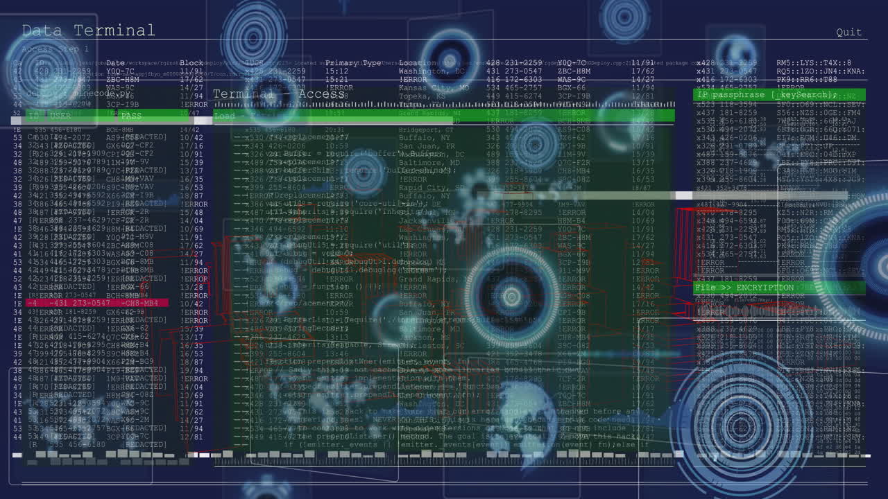 Animating digital data and network connections on terminal interface screen display