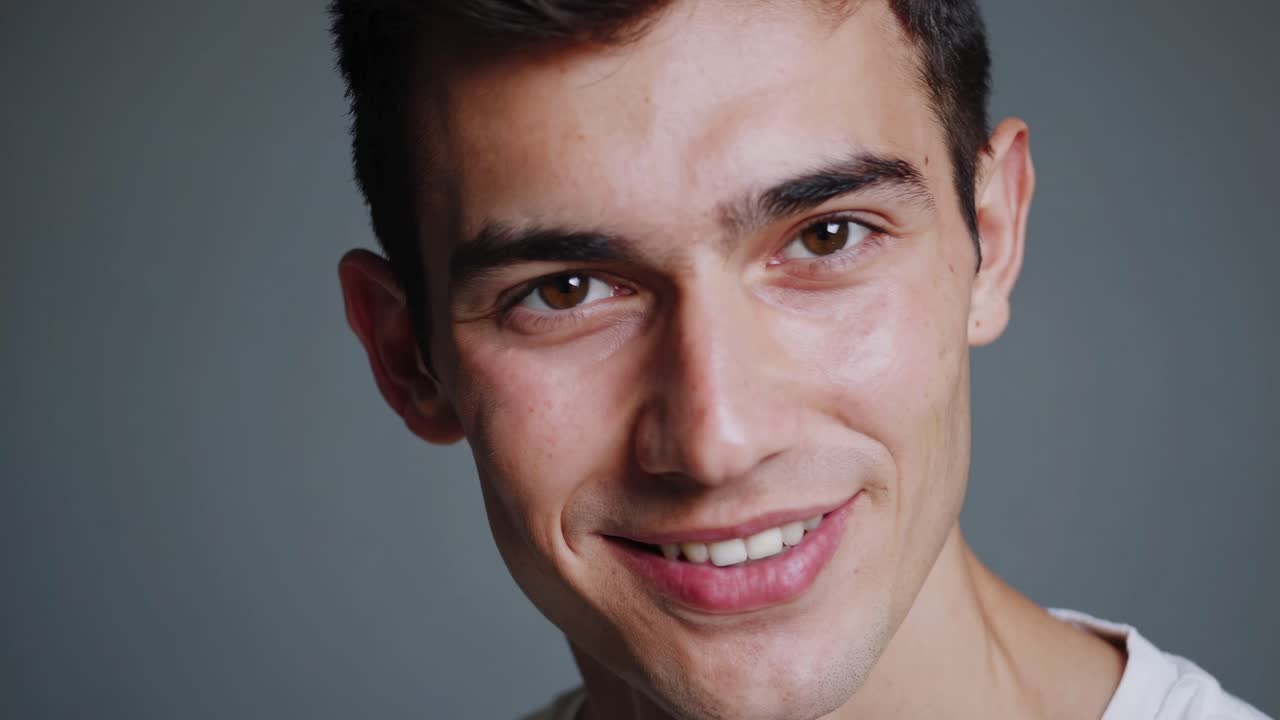 Close-up video portrait of a smiling person against a neutral background