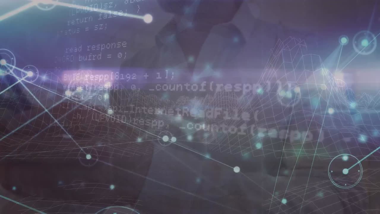 animación de la red de conexiones y procesamiento de datos sobre un hombre biracial usando un teléfono inteligente