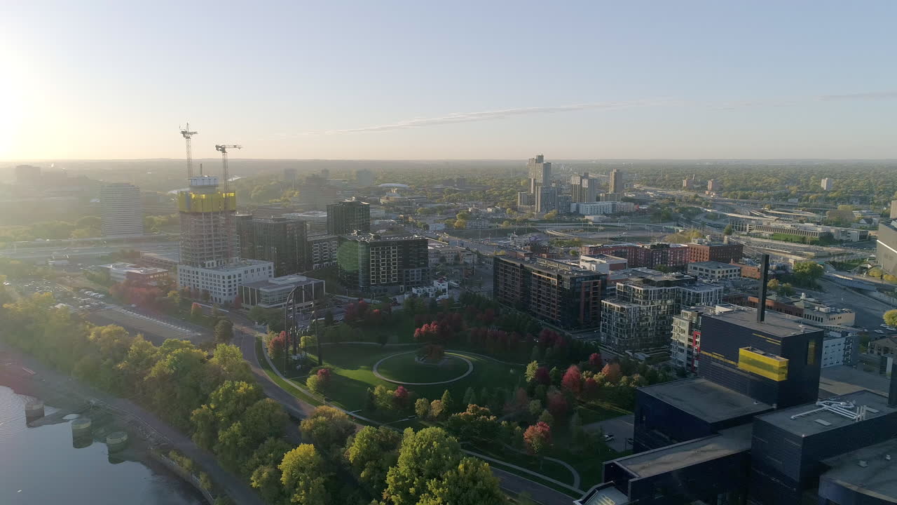 Beautiful Morning Aerial Of Gold Medal Park And Guthrie Theater Beside The Mississippi River