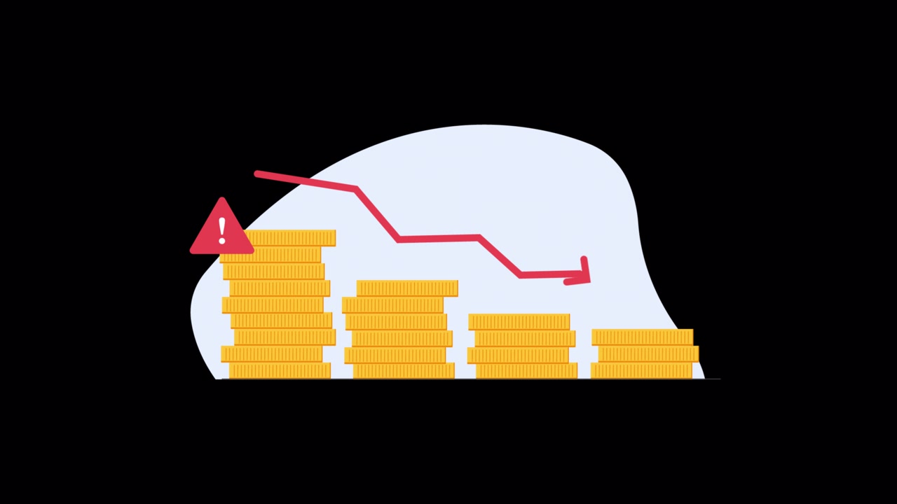 Animated Financial Chart Showing Declining Coin Stacks and Warning Sign
