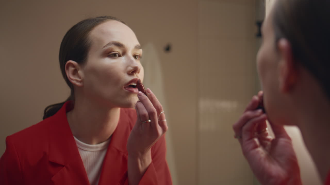 Lady applying red lipstick in mirror reflection closeup. Confident girl makeup