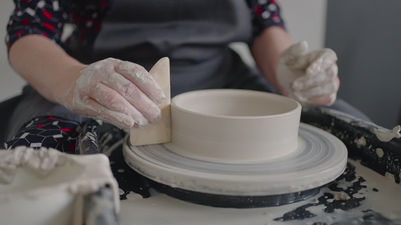 Close-up of the hand of a master working on a potter's wheel for the manufacture of clay and ceramic jugs and plates in slow motion