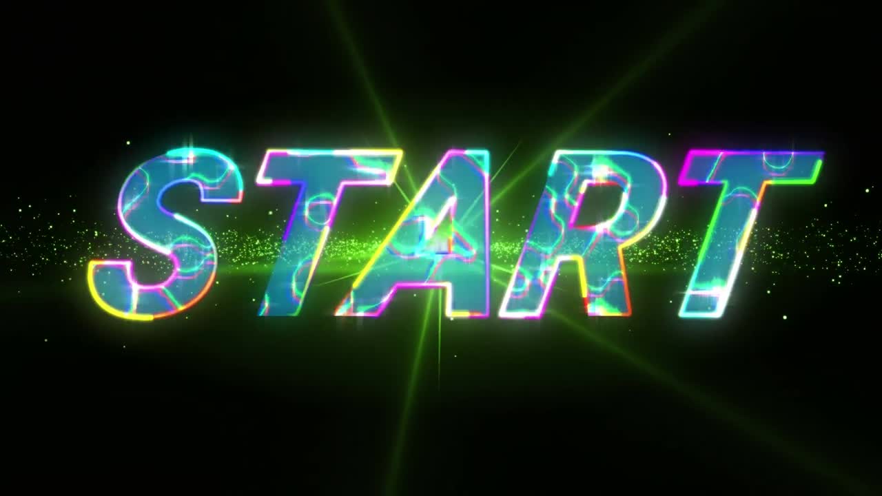 animación del texto de inicio colorido sobre luz verde y onda