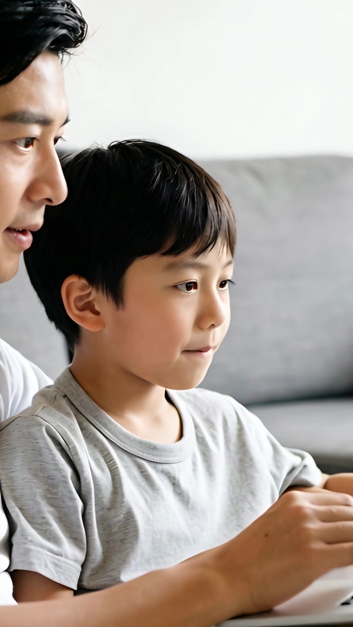 縦型動画：ソファでキーボードの近くにいる少年がタップし、父親が身を乗り出して手で学習を導く。