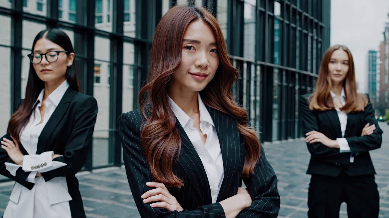 세 명의 젊은 사업가 여성이 현대적인 오피스 빌딩 앞에 팔을 고 자신감 있게 서서 기업 세계에서 팀워크와 여성 리더십을 보여주고 있습니다.