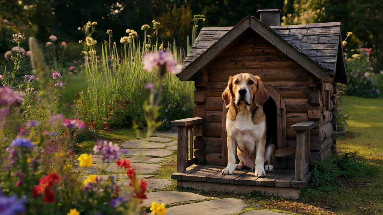 Høre raslen, siddende mellem beagle drejer hovedet på verandaen ved et hundehus i træ i haven, halsbånd ses