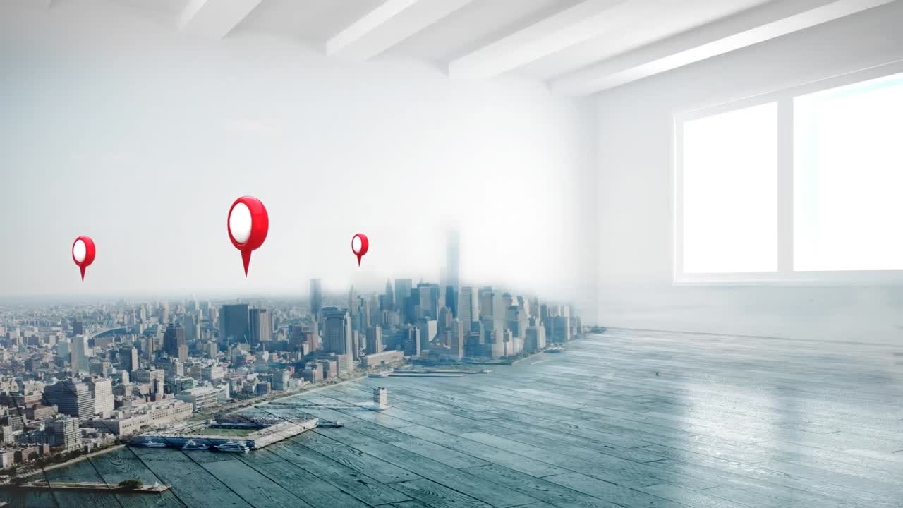 Location pins over cityscape