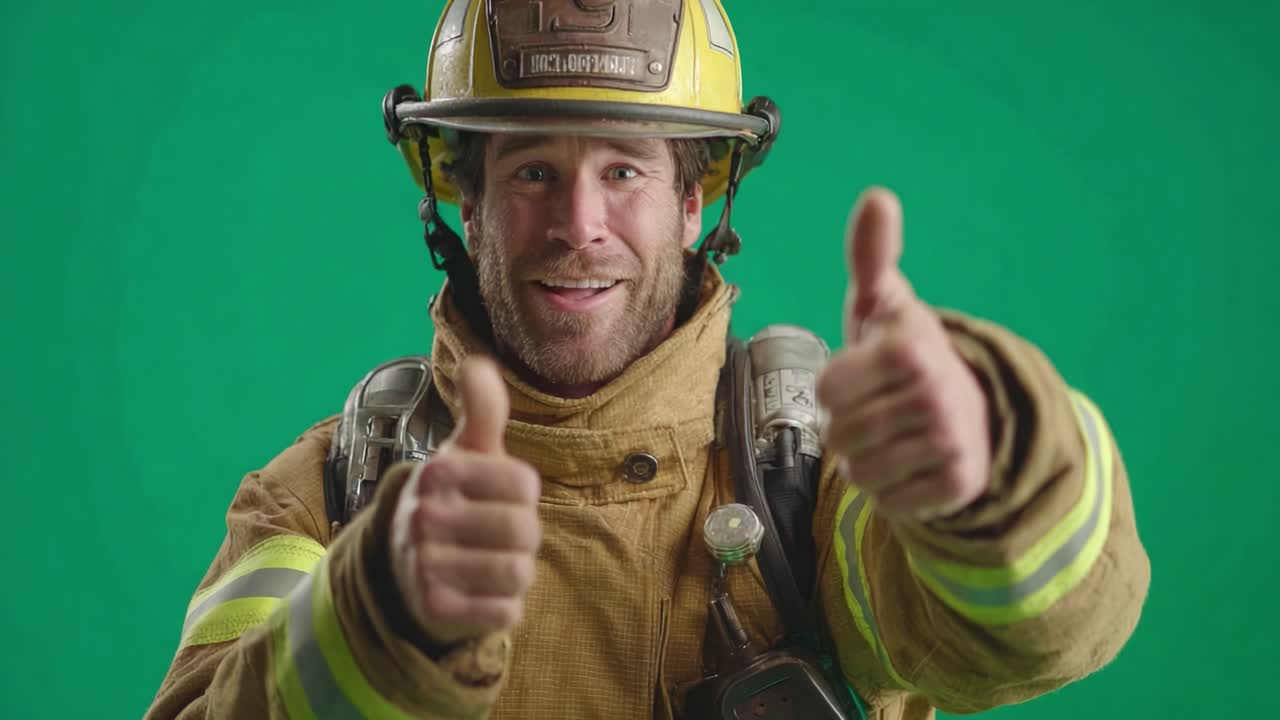 A confident firefighter gives two enthusiastic thumbs up, showcasing a positive attitude while dressed in professional gear against a vibrant green background