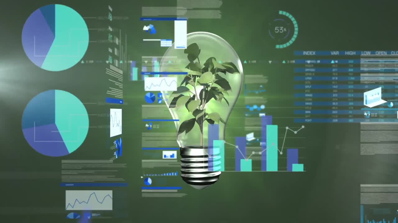 Animation of data processing over lightbulb with growing tree