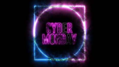 texto de "cyber monday" con animación de bucle de luz de neón. objeto creativo abstracto en el fuego, ardiendo humeante.