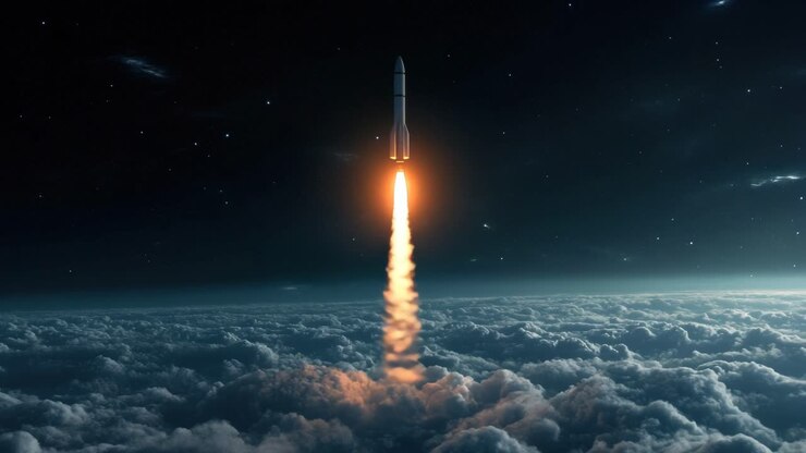 A dramatic video still of a rocket launching into space, captured from a low angle